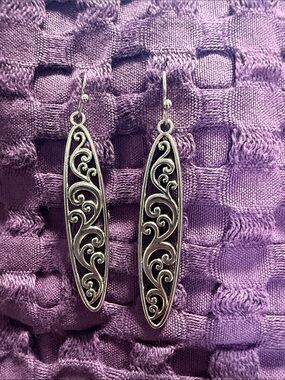Silver Filigree Long Drop Earrings - Purple Inlay